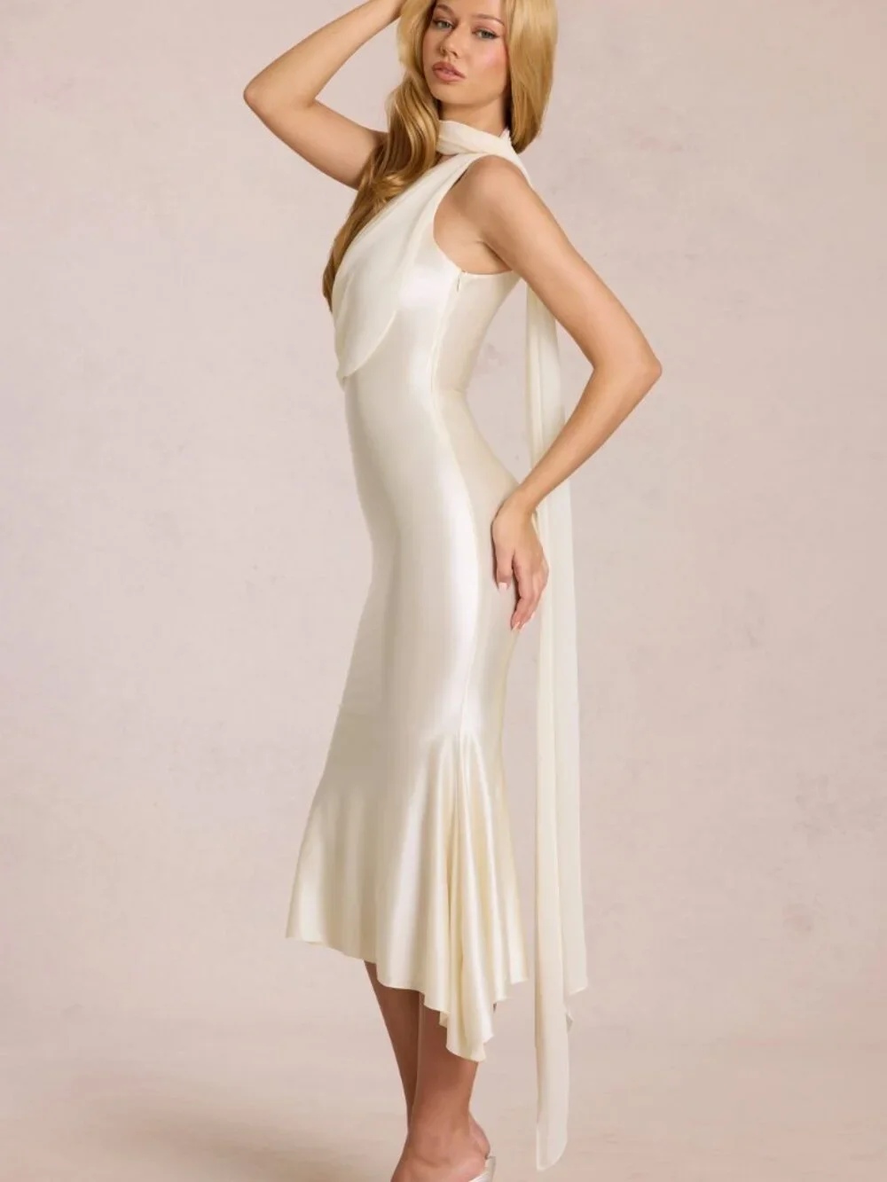 Oh Polly Cream One-Shoulder Draped Scarf Wrap
